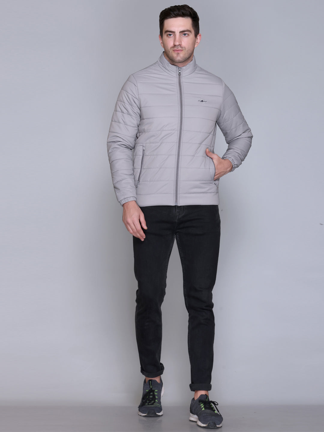 Light Grey NYLON ZIPPER MEN Puffer Jacket Singal Side Full Sleeve