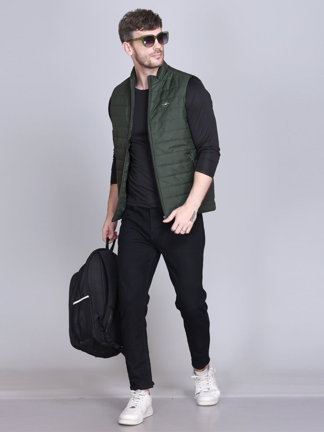 Men Winter Sleeveless Puffer Zipper Jacket Olive