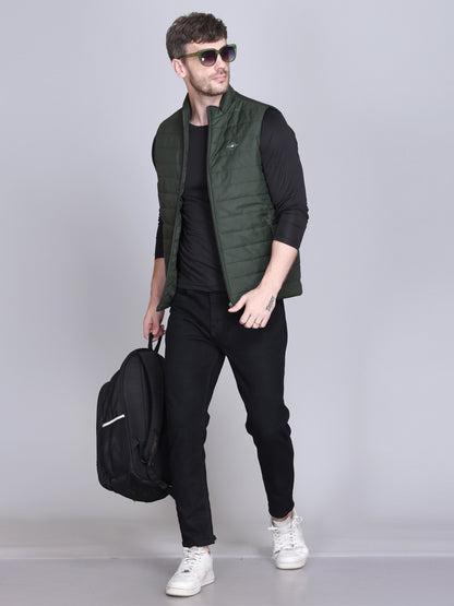 Men Winter Sleeveless Puffer Zipper Jacket Olive