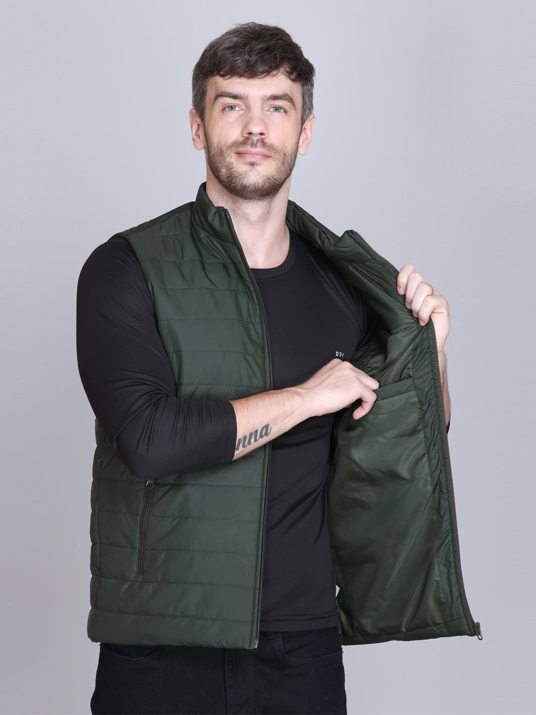 Men Winter Sleeveless Puffer Zipper Jacket Olive