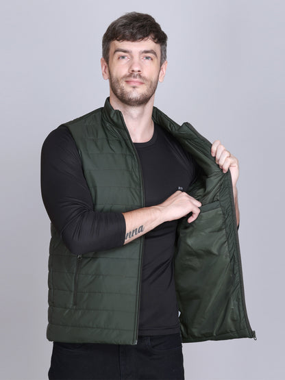Men Winter Sleeveless Puffer Zipper Jacket Olive