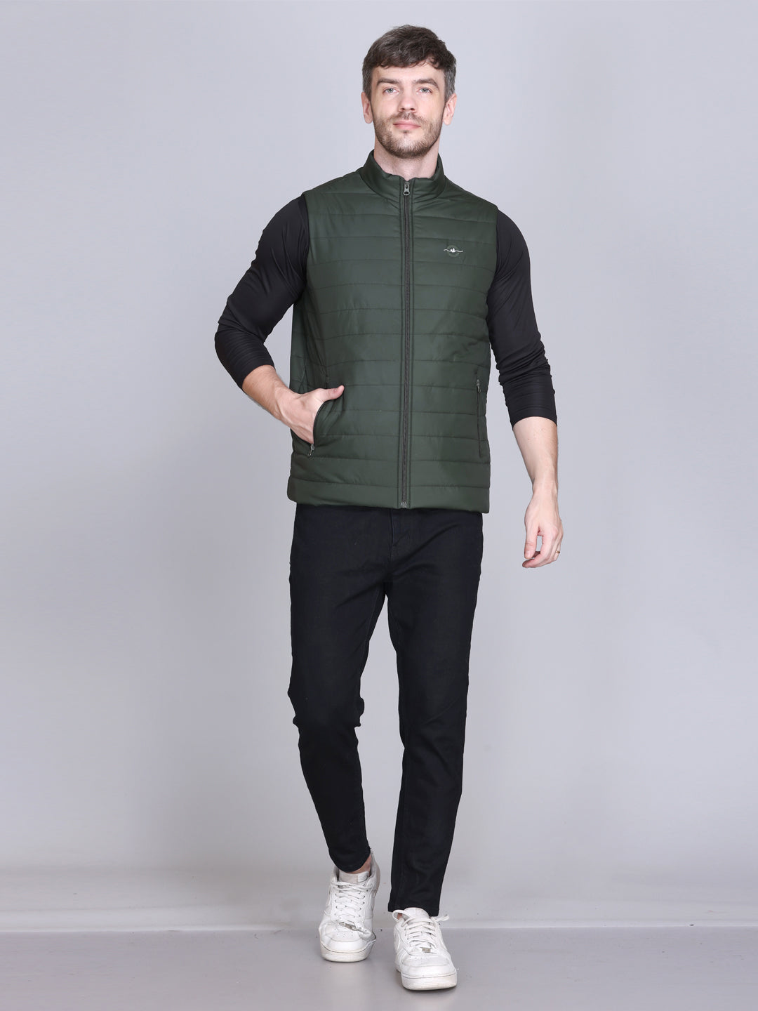 Men Winter Sleeveless Puffer Zipper Jacket Olive