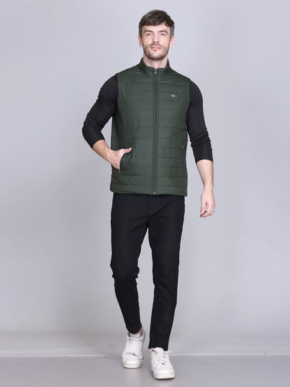 Men Winter Sleeveless Puffer Zipper Jacket Olive