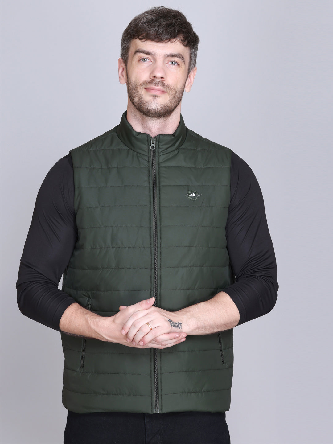 Men Winter Sleeveless Puffer Zipper Jacket Olive