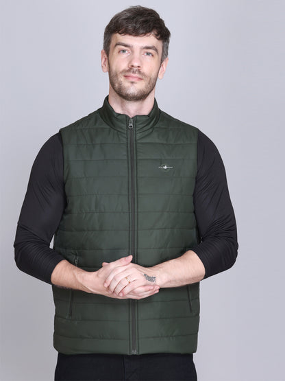 Men Winter Sleeveless Puffer Zipper Jacket Olive