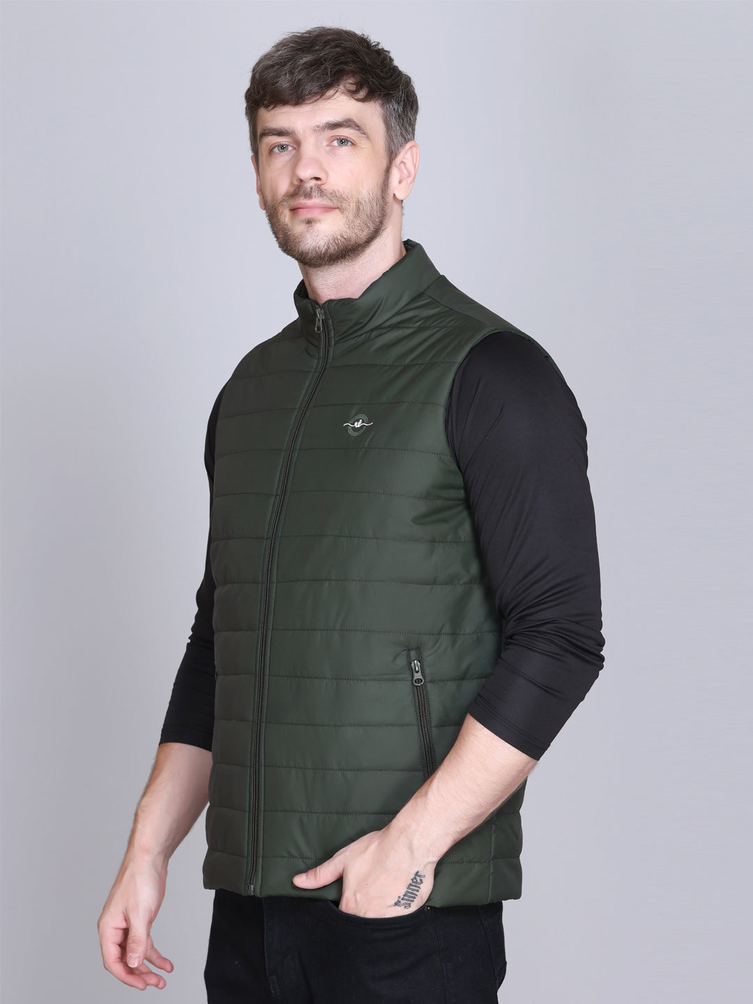 Men Winter Sleeveless Puffer Zipper Jacket Olive