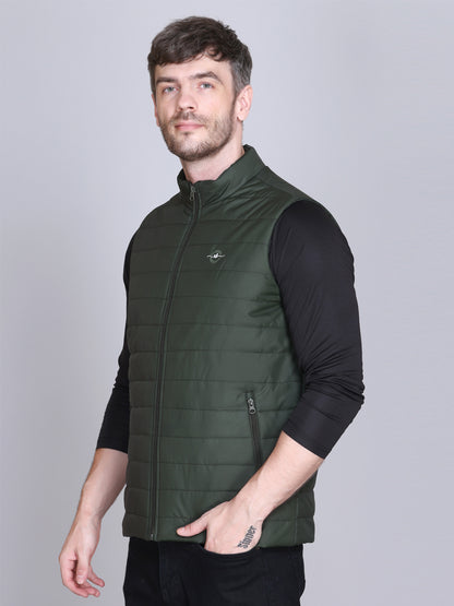 Men Winter Sleeveless Puffer Zipper Jacket Olive