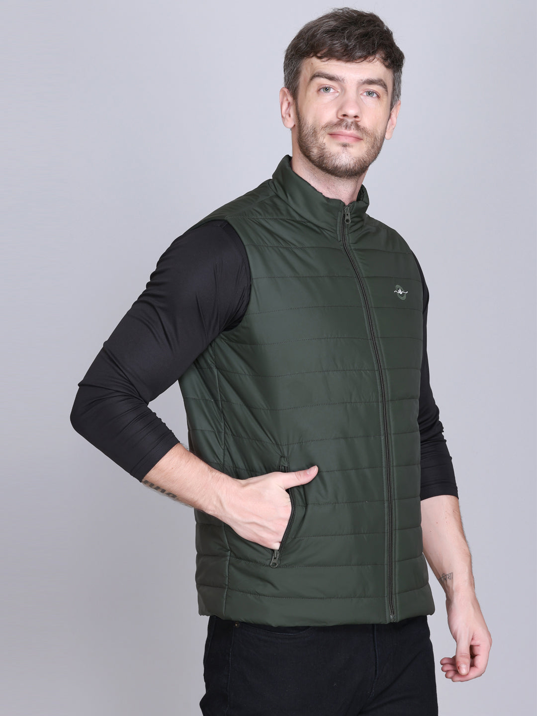Men Winter Sleeveless Puffer Zipper Jacket Olive