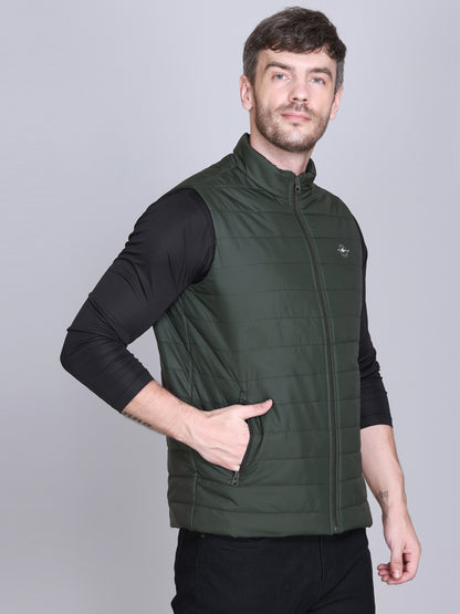 Men Winter Sleeveless Puffer Zipper Jacket Olive