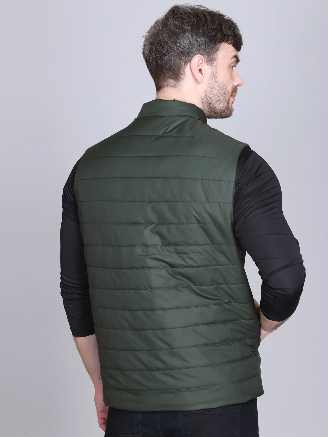 Men Winter Sleeveless Puffer Zipper Jacket Olive