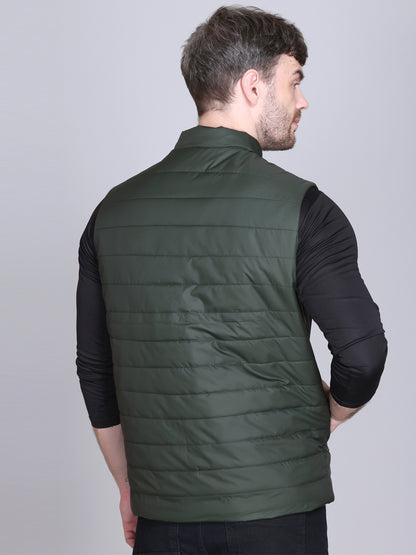Men Winter Sleeveless Puffer Zipper Jacket Olive