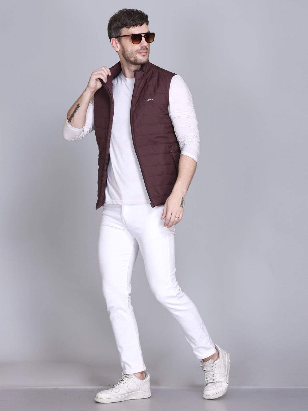 Men Winter Sleeveless Puffer Zipper Jacket Wine