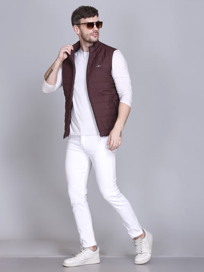 Men Winter Sleeveless Puffer Zipper Jacket Wine