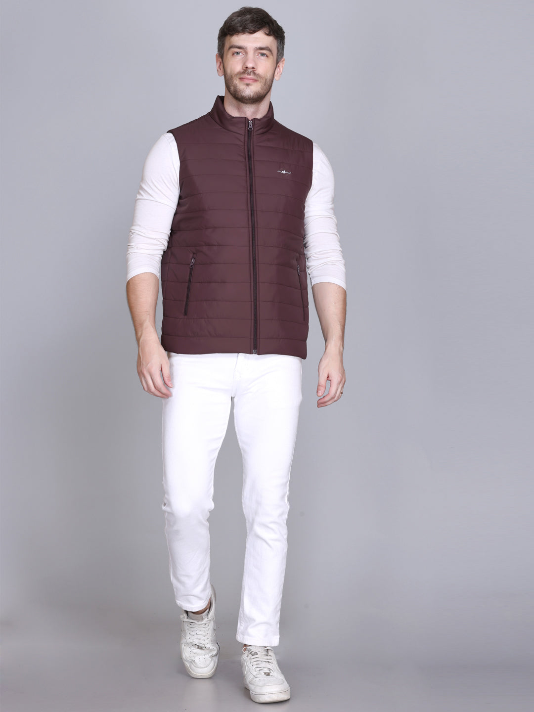 Men Winter Sleeveless Puffer Zipper Jacket Wine