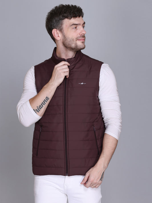 Men Winter Sleeveless Puffer Zipper Jacket Wine