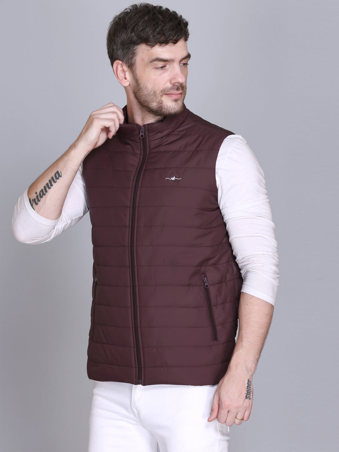 Men Winter Sleeveless Puffer Zipper Jacket Wine