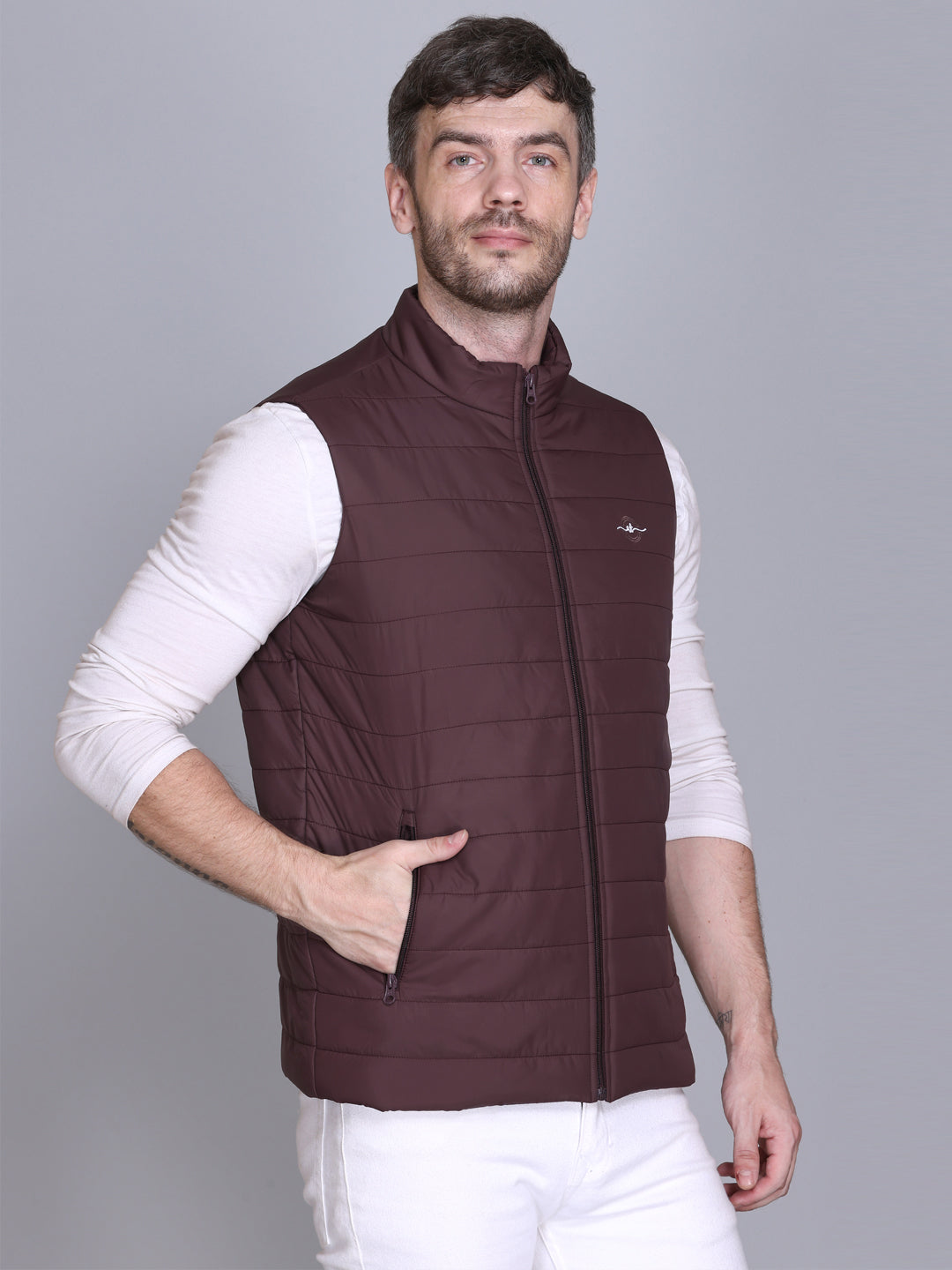 Men Winter Sleeveless Puffer Zipper Jacket Wine