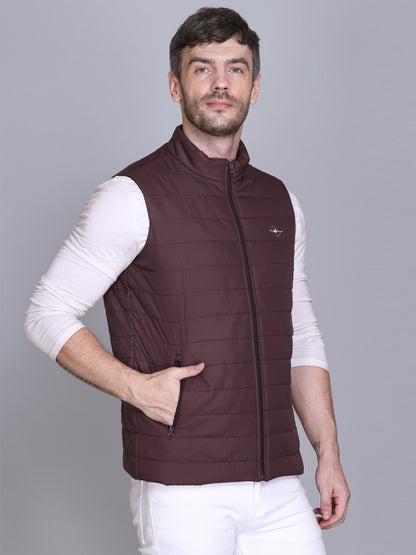 Men Winter Sleeveless Puffer Zipper Jacket Wine