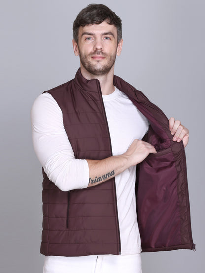 Men Winter Sleeveless Puffer Zipper Jacket Wine