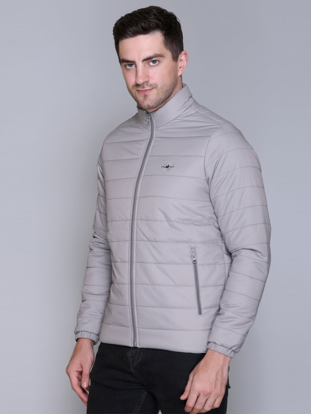 Light Grey NYLON ZIPPER MEN Puffer Jacket Singal Side Full Sleeve