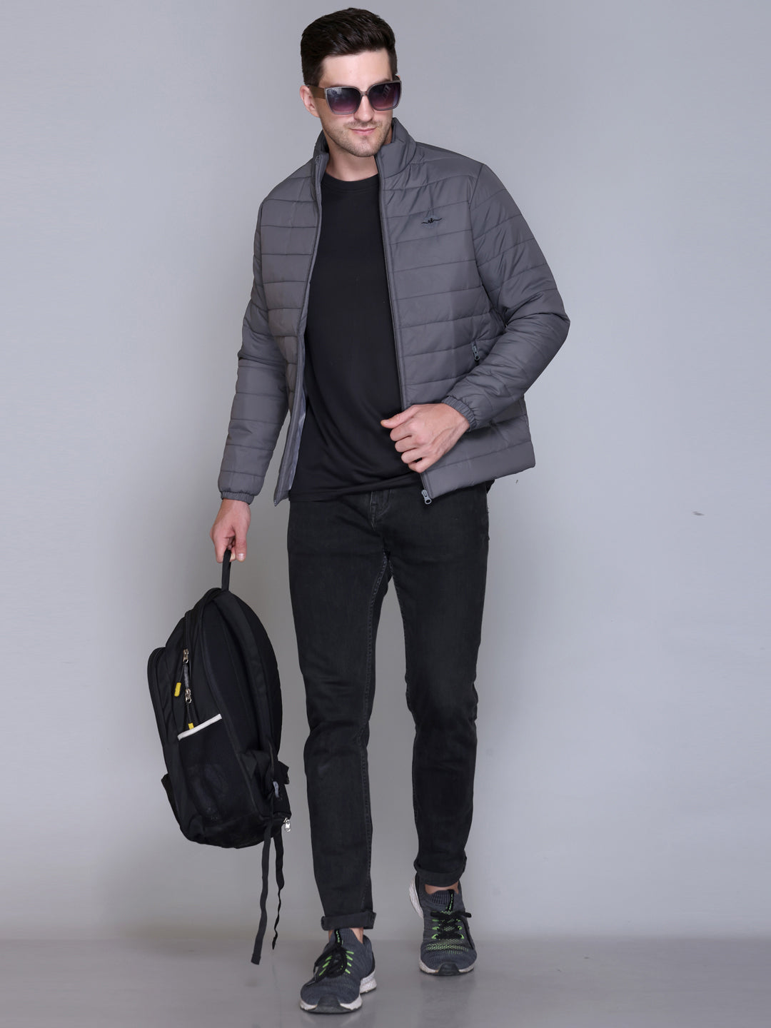 Dark Grey NYLON ZIPPER MEN Puffer Jacket Singal Side Full Sleeve