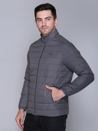 Dark Grey NYLON ZIPPER MEN Puffer Jacket Singal Side Full Sleeve