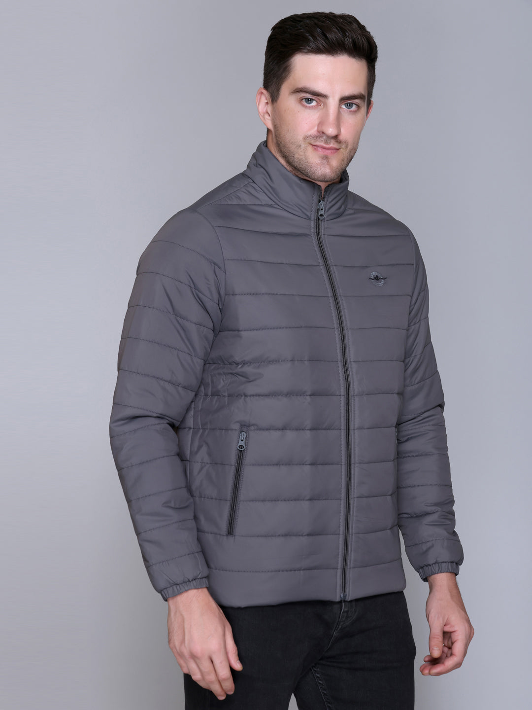 Dark Grey NYLON ZIPPER MEN Puffer Jacket Singal Side Full Sleeve