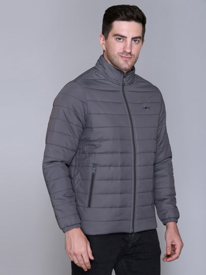 Dark Grey NYLON ZIPPER MEN Puffer Jacket Singal Side Full Sleeve