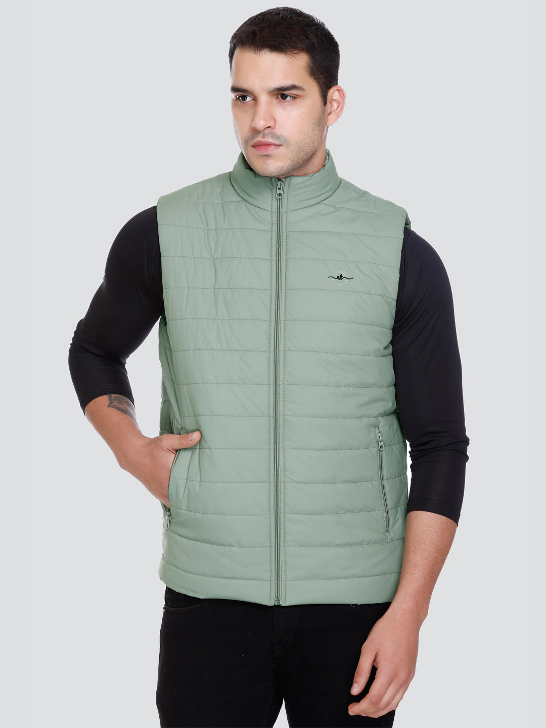 Men Winter Sleeveless Puffer Zipper Jacket Green