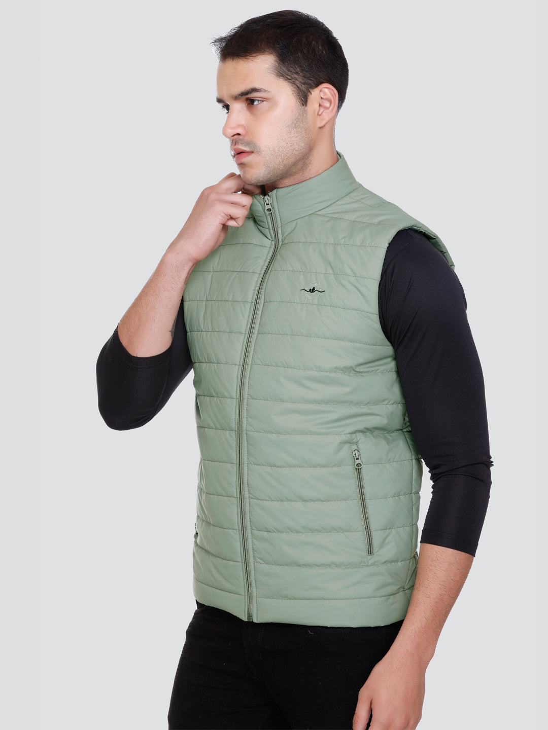 Men Winter Sleeveless Puffer Zipper Jacket Green
