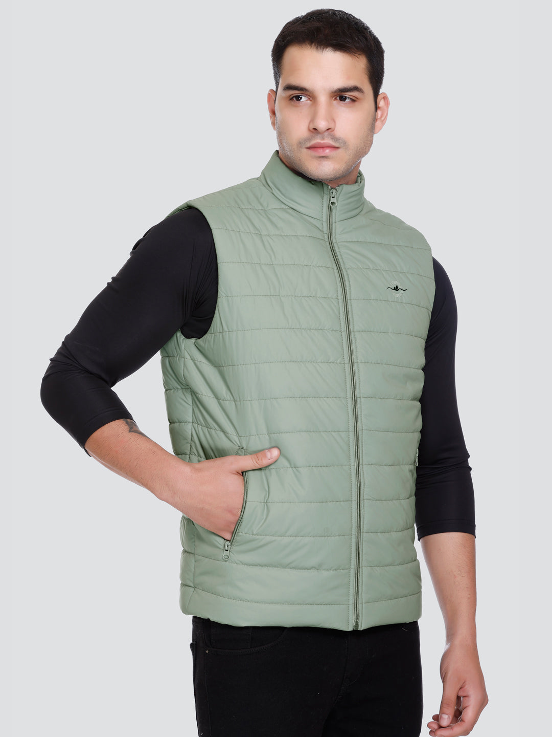 Men Winter Sleeveless Puffer Zipper Jacket Green