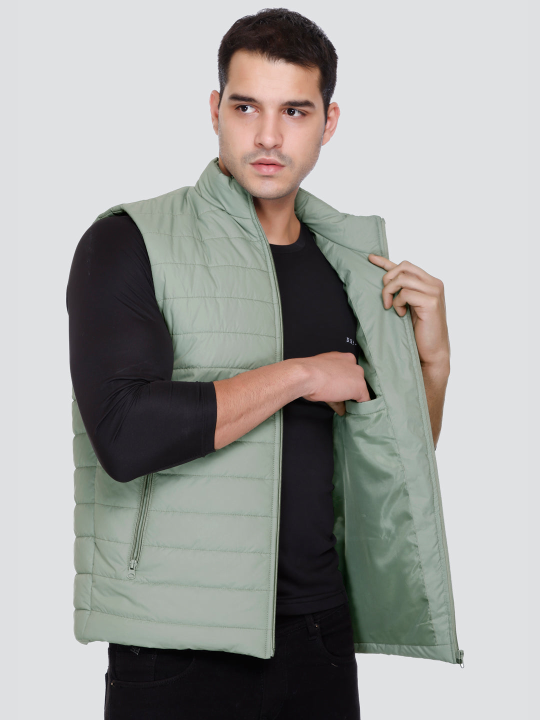 Men Winter Sleeveless Puffer Zipper Jacket Green