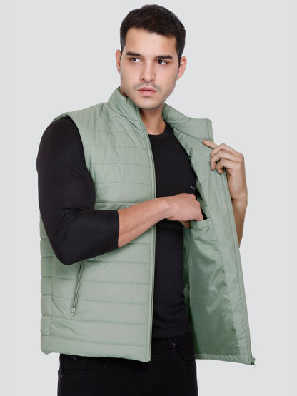 Men Winter Sleeveless Puffer Zipper Jacket Green