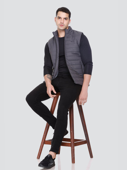 Men Winter Sleeveless Puffer Zipper Jacket Dark Grey
