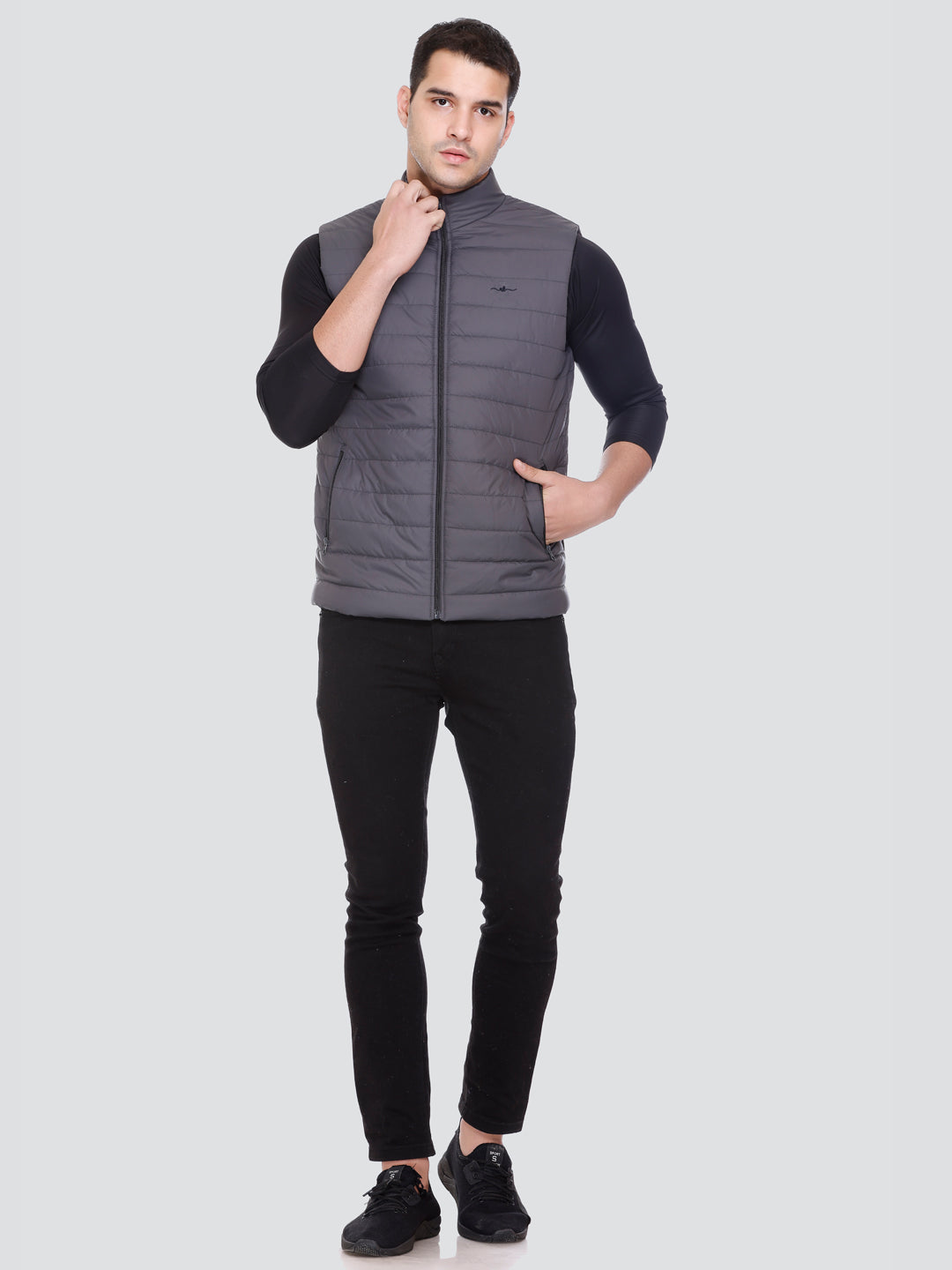 Men Winter Sleeveless Puffer Zipper Jacket Dark Grey