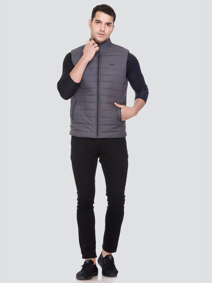 Men Winter Sleeveless Puffer Zipper Jacket Dark Grey