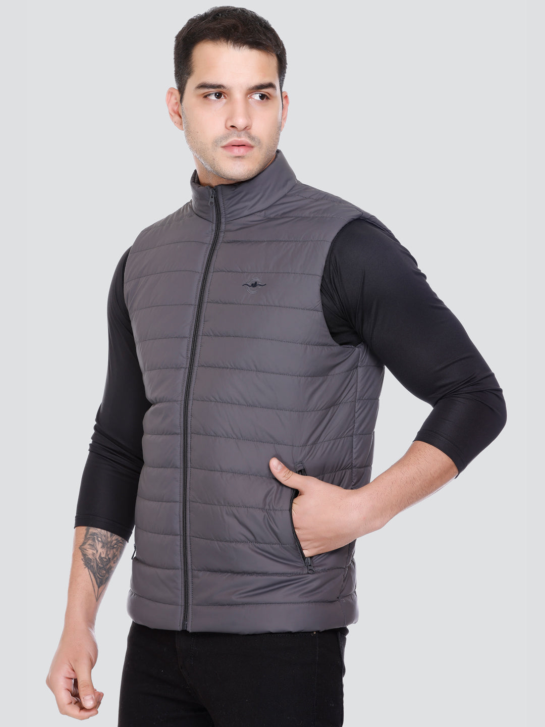 Men Winter Sleeveless Puffer Zipper Jacket Dark Grey