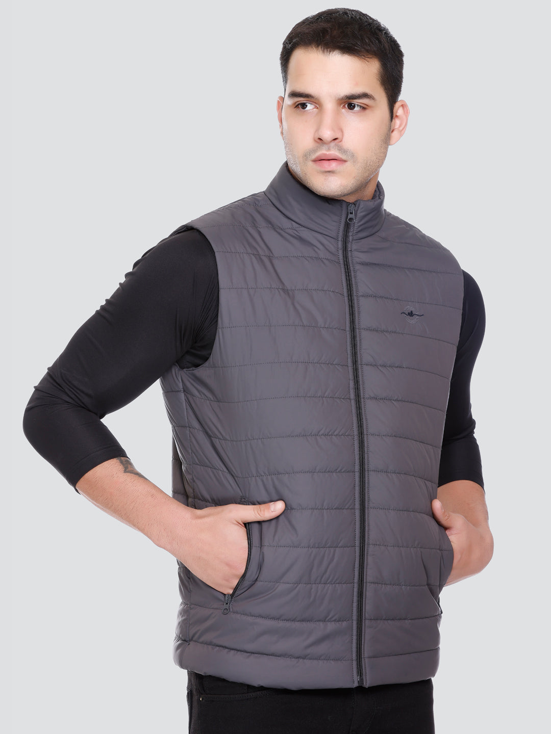 Men Winter Sleeveless Puffer Zipper Jacket Dark Grey