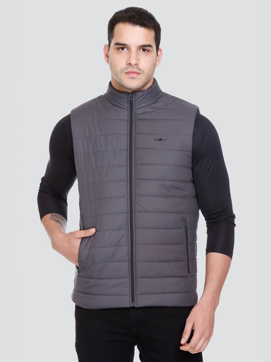 Men Winter Sleeveless Puffer Zipper Jacket Dark Grey