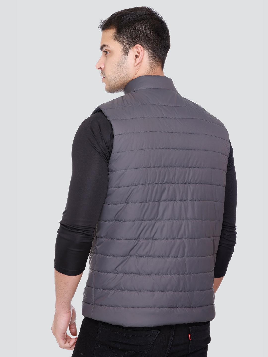 Men Winter Sleeveless Puffer Zipper Jacket Dark Grey