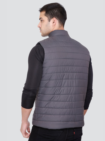 Men Winter Sleeveless Puffer Zipper Jacket Dark Grey