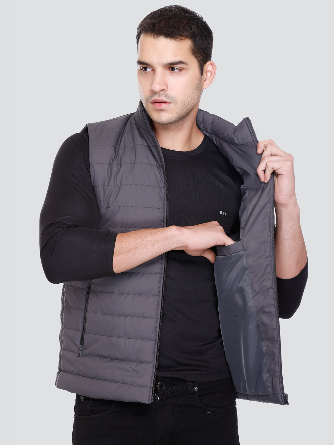 Men Winter Sleeveless Puffer Zipper Jacket Dark Grey