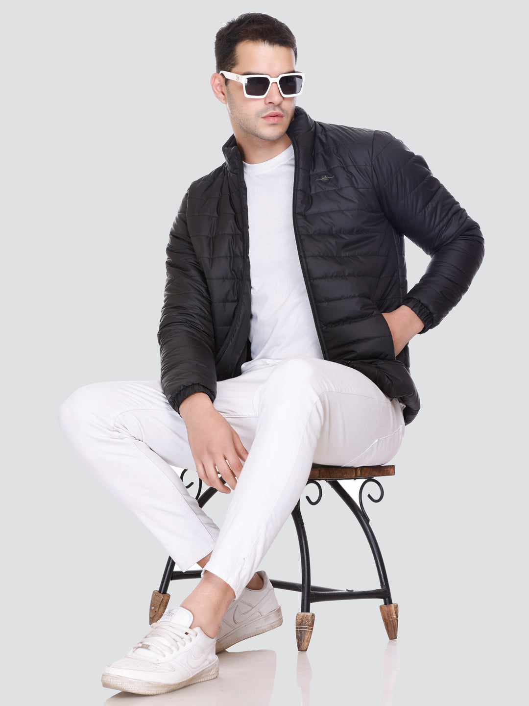 BLACK NYLON ZIPPER MEN Puffer Jacket Singal Side Full Sleeve