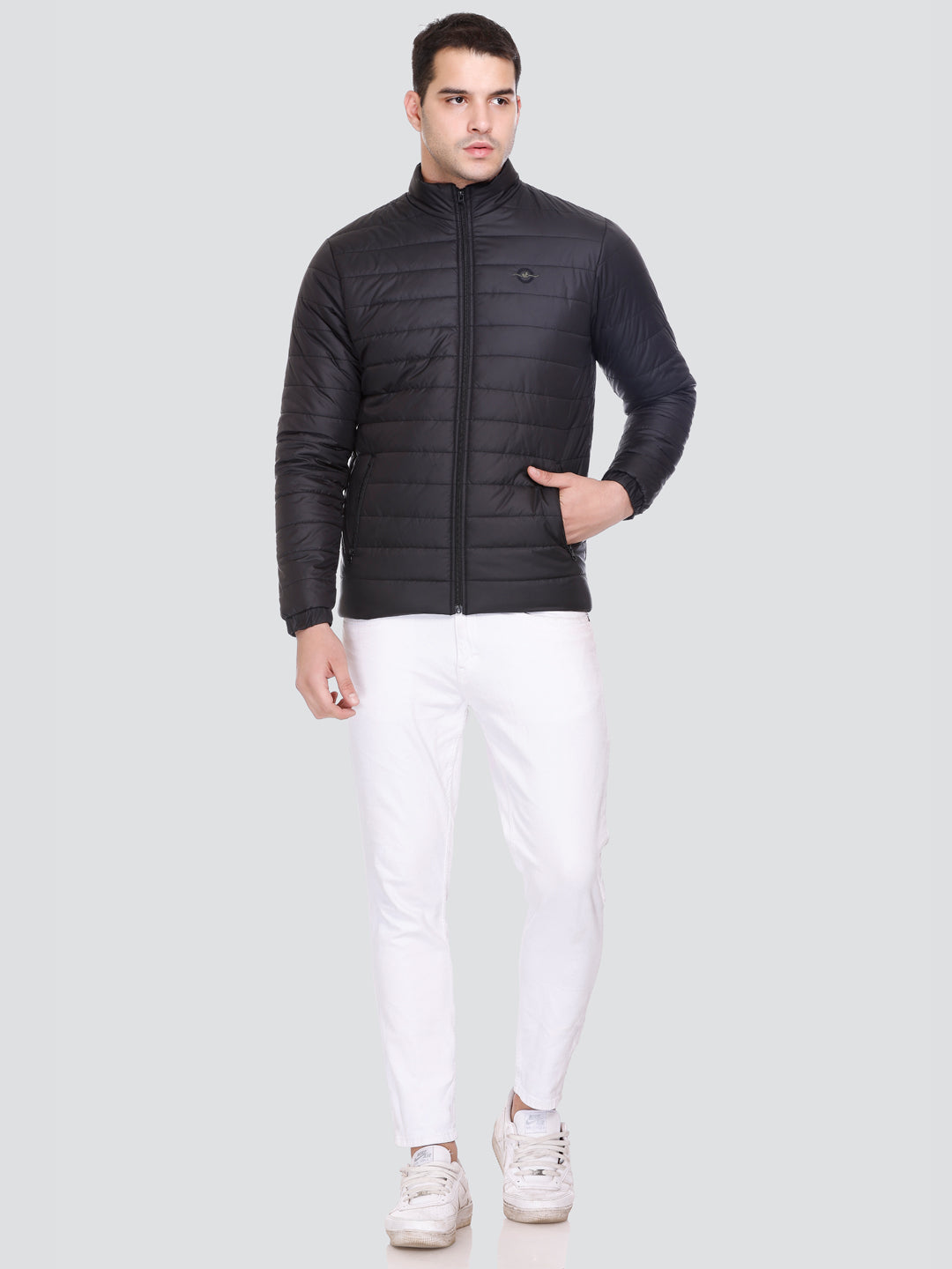 BLACK NYLON ZIPPER MEN Puffer Jacket Singal Side Full Sleeve