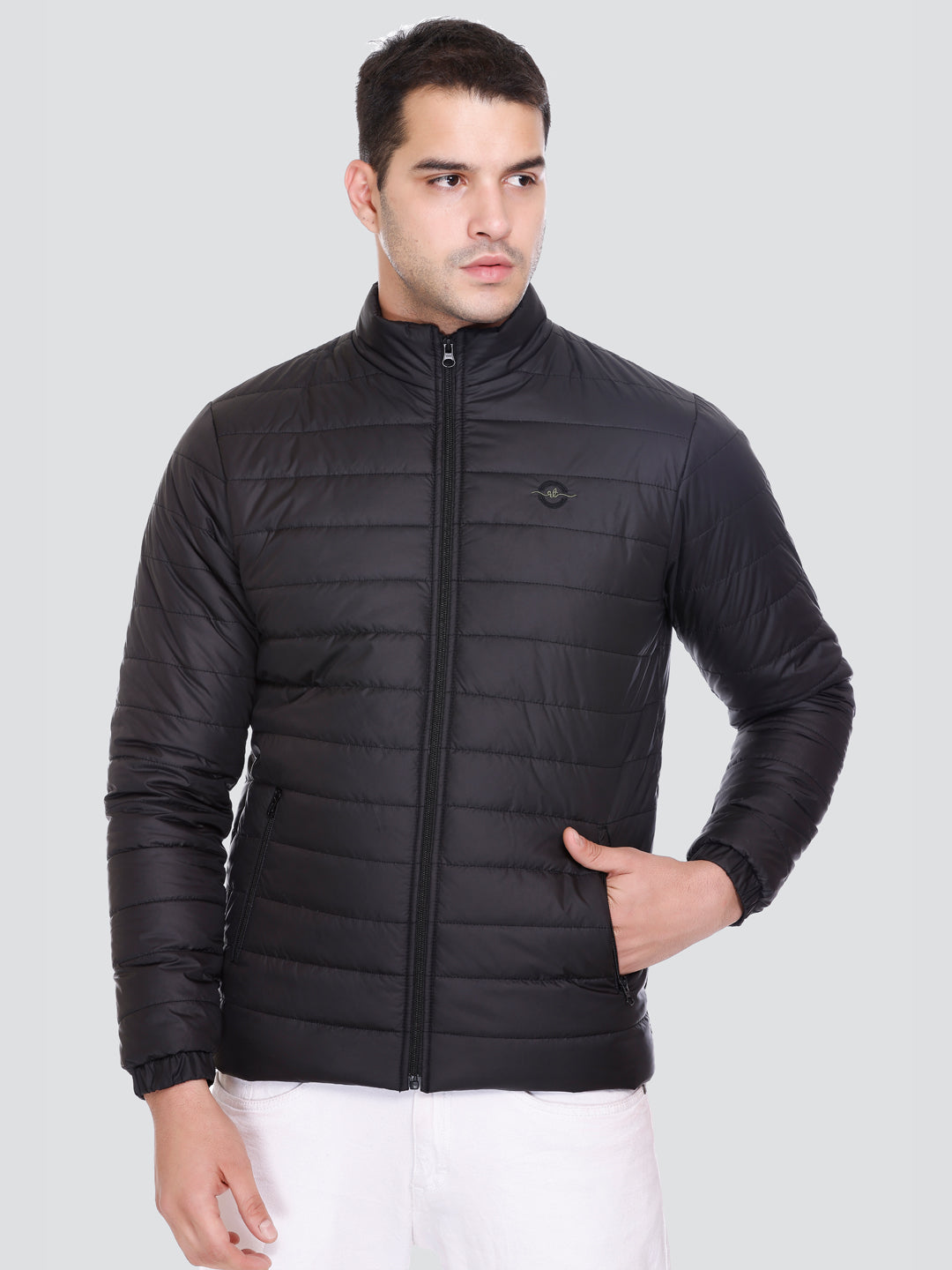 BLACK NYLON ZIPPER MEN Puffer Jacket Singal Side Full Sleeve
