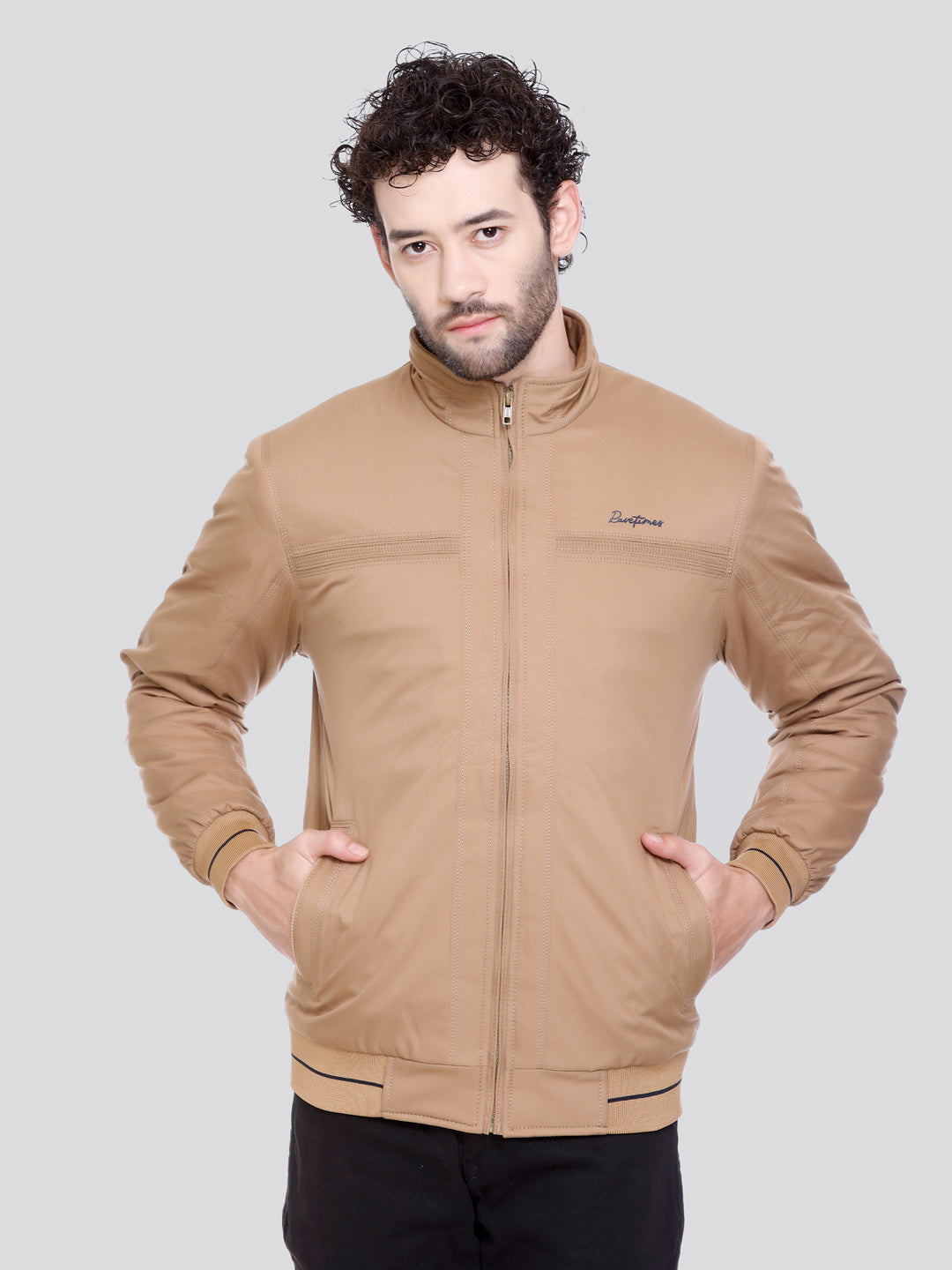 BEIGE Imported Fabric ZIPPER MEN Bomber Jacket Singal Side Full Sleeve