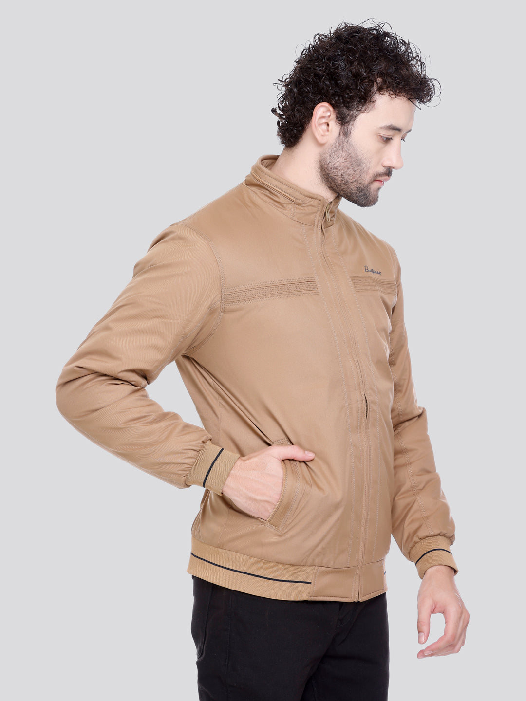 BEIGE Imported Fabric ZIPPER MEN Bomber Jacket Singal Side Full Sleeve