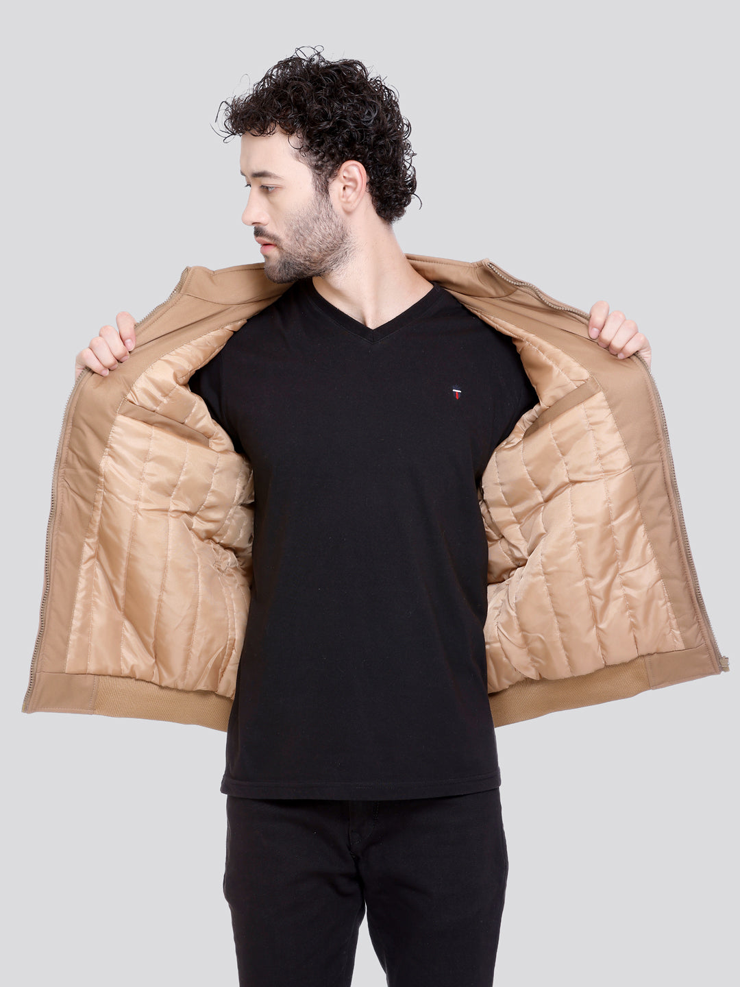 BEIGE Imported Fabric ZIPPER MEN Bomber Jacket Singal Side Full Sleeve