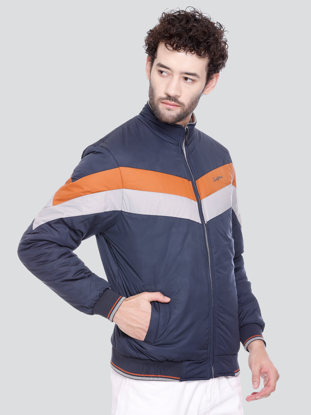 NAVY POLYESTER ZIPPER MEN Bomber Jacket Reversible Full Sleeve