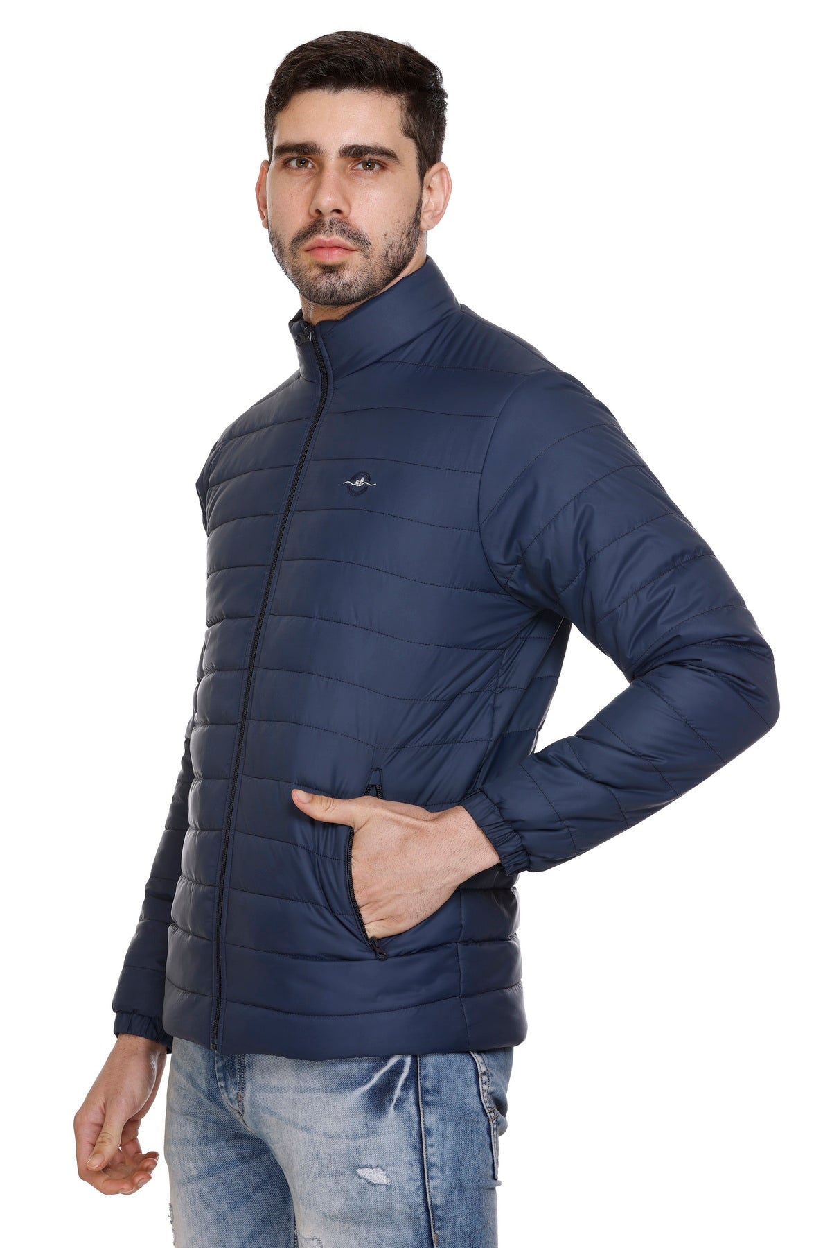 NAVY NYLON ZIPPER MEN Puffer Jacket Singal Side Full Sleeve